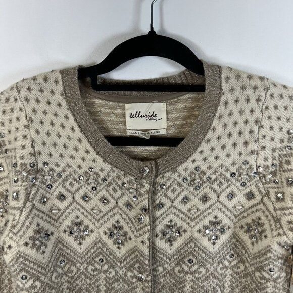 Telluride Clothing Co Cardigan Women S Cream Lambswool Fair Isle Metallic Beaded - Picture 2 of 11